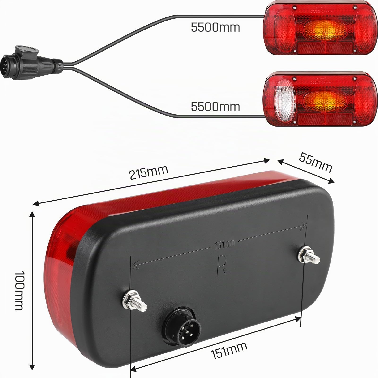 TLGREEN Set di fanali posteriori per rimorchio, luci posteriori a 13 poli, 12 V, luci posteriori con 6 funzioni, set di cavi da 5,5 m e omologate