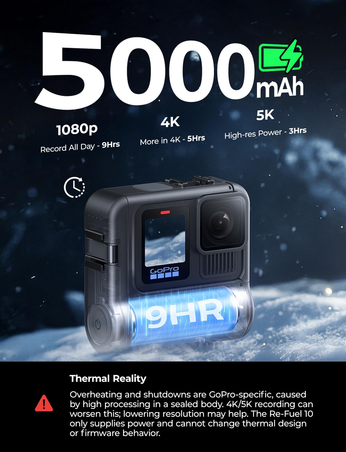 DigiPower Re-Fuel Bateria 9 godzin pracy na baterii dla Gopro HERO11 & HERO10 Black & HERO9 Black, kompatybilna z kamerą sportową GoPro, wodoodporna i pyłoszczelna IP68, na każdą porę roku, czarna