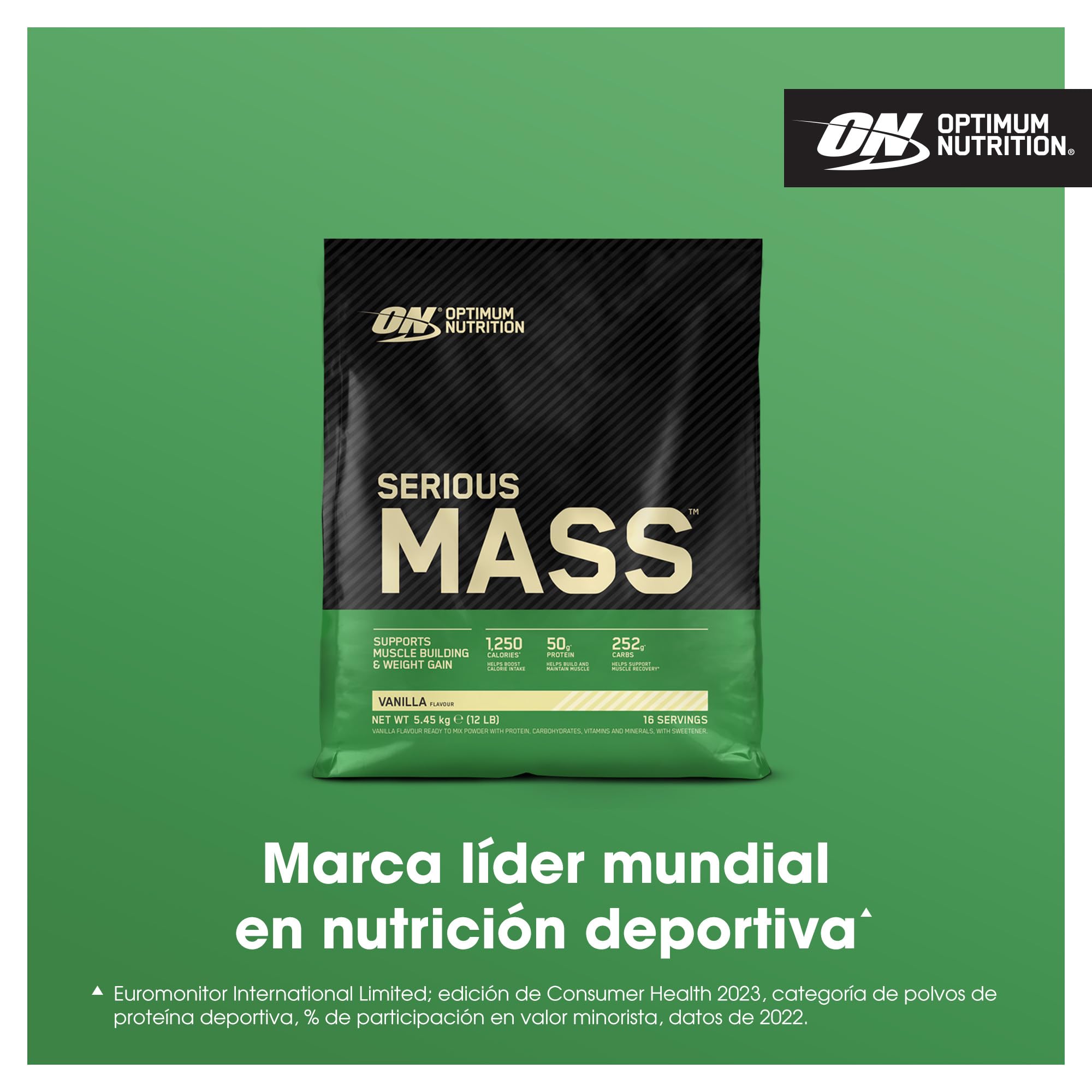Optimum Nutrition Serious Mass Proteína en Polvo Alta en Calorías, Ganador de Masa Muscular con 25 Vitaminas y Minerales, Monohidrato de Creatina y Glutamina, Sabor Vainilla, 16 Dosis, 5.45 kg