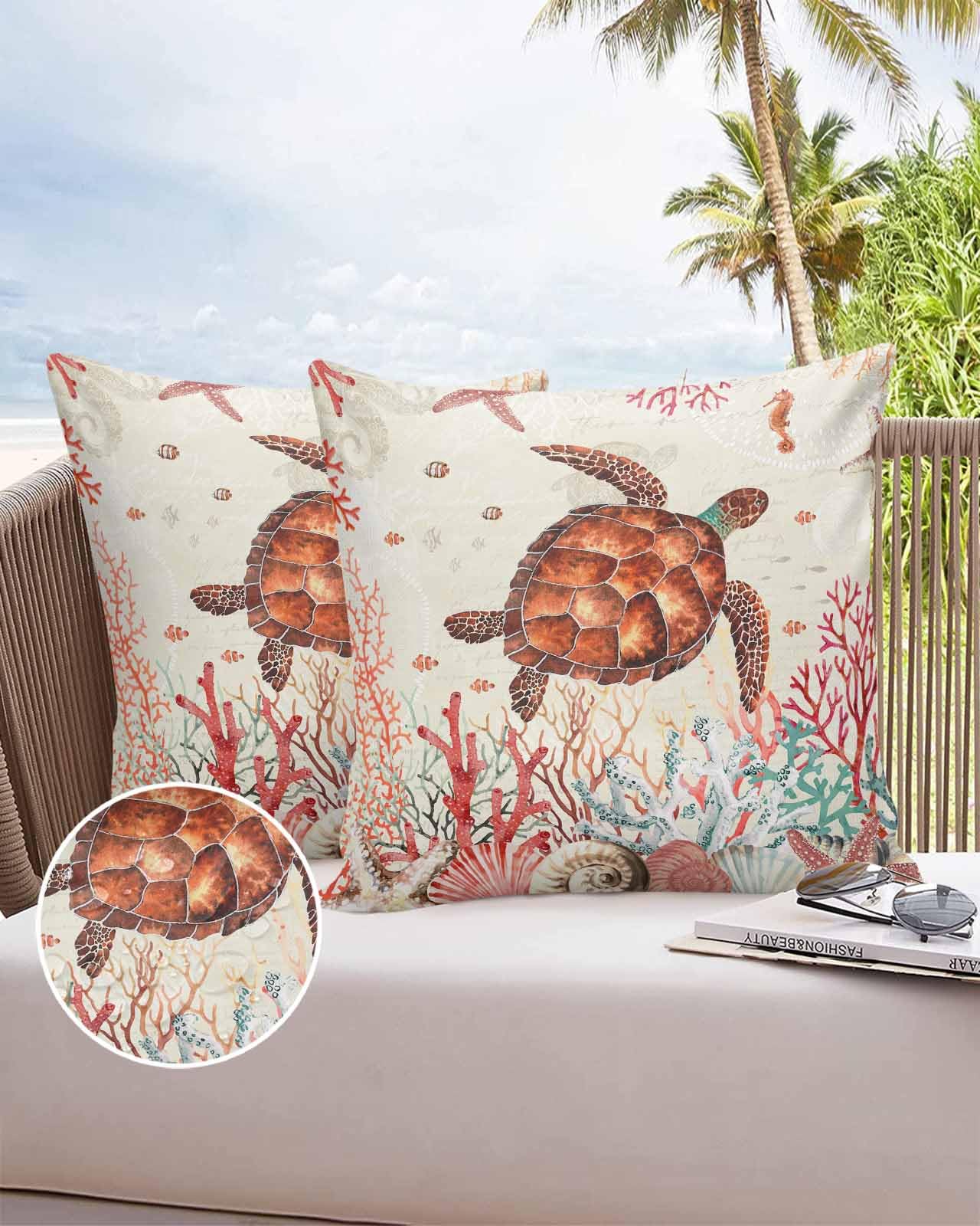 Boanket Outdoor Pillow Covers 26 x 26 in, Red Sea Turtle Waterproof Throw Pillow Cover Set of 2, Coastal Nautical Summer Beach Coral Home Decorative Square Cushion Covers for Patio/Tent/Couch/Garden