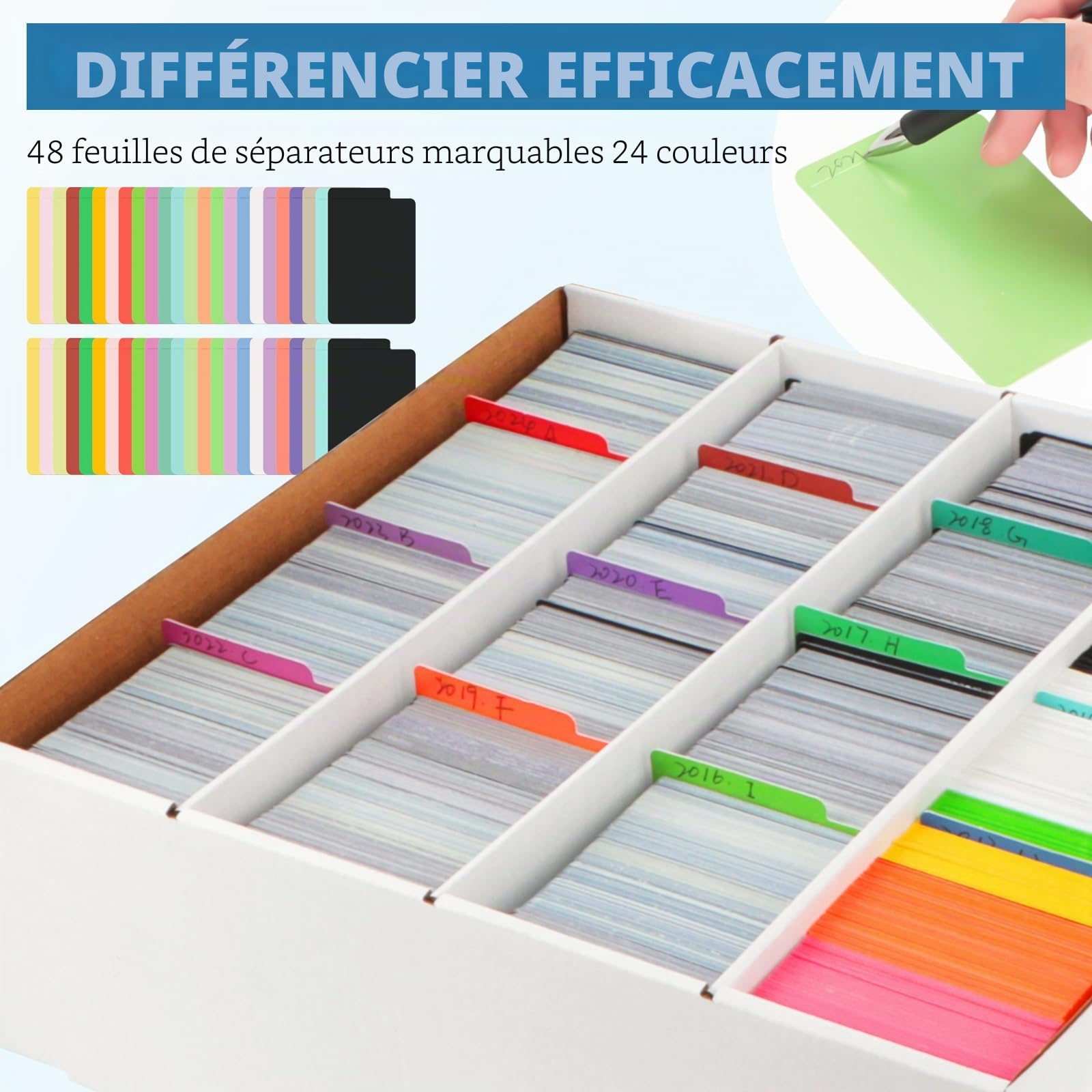 AOBOPLE 4 Rangées Boîte de Rangement de Cartes,Pour 13760+ Boîte de Rangement Pour Cartes à Collectionner Avec 48 Séparateurs Colorés et Rubans,Boîte de Rangement Pour Carte de TCG.
