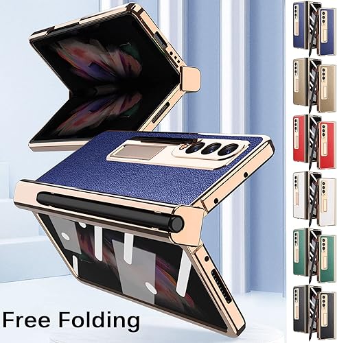 Miniatura 6 de Miimall Funda compatible con Samsung Galaxy Z Fold 3 con soporte para bolígrafo, patrón de cuero, protector de pantalla de vidrio templado+bisagra