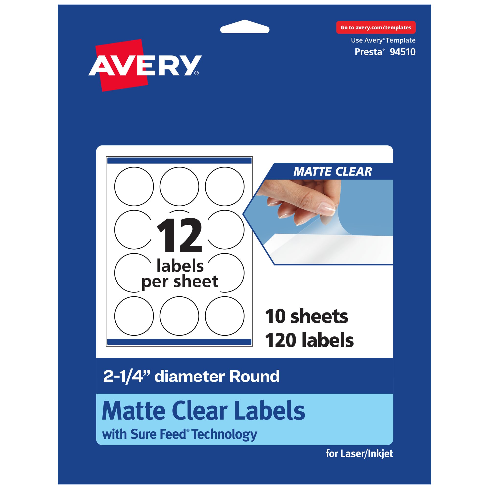 Avery Matte Clear Round Labels, Sure Feed Technology, 2.25" Diameter, 120 Matte Clear Labels, Print-to-The-Edge, Laser/Inkjet Printable