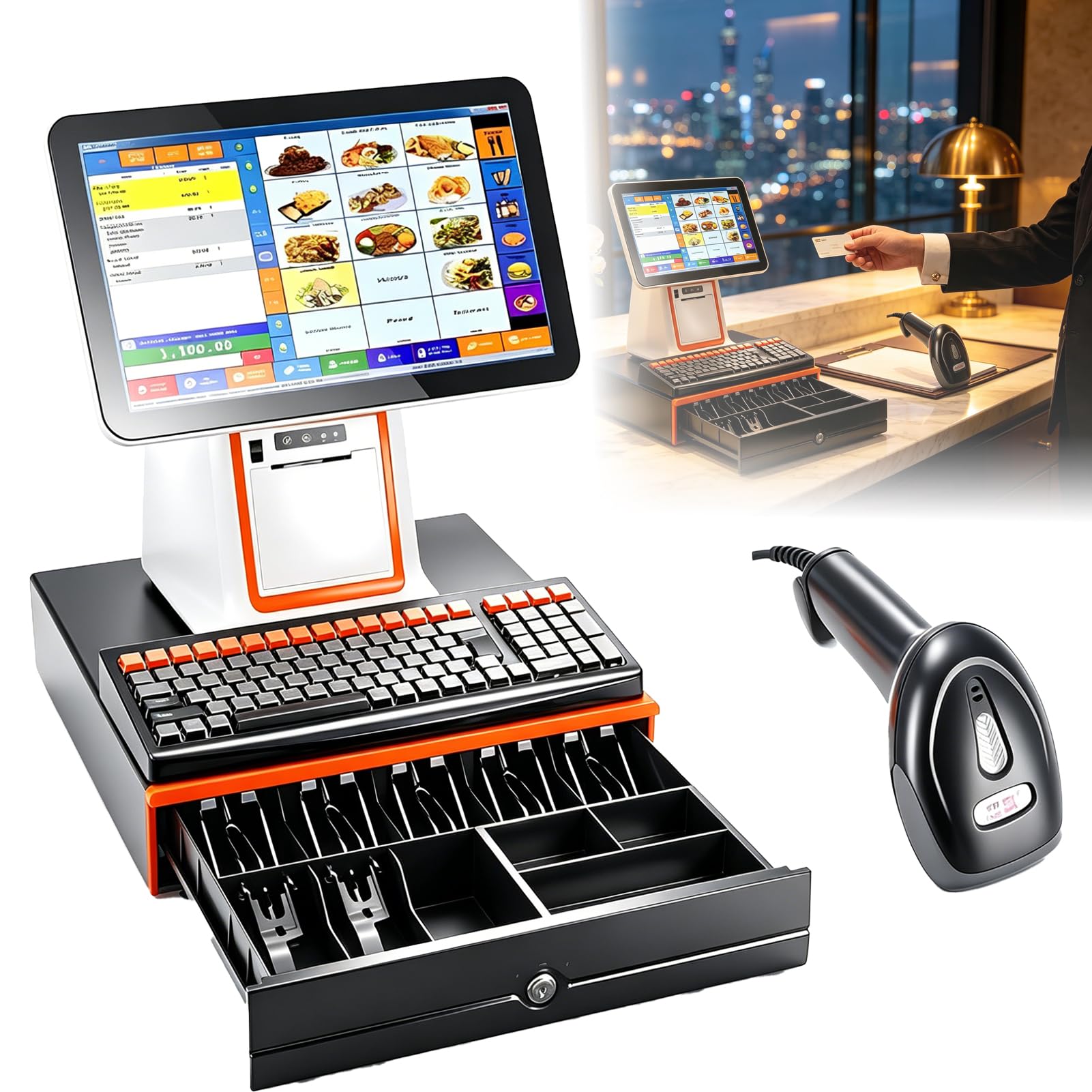 Jiayiyoux Touchscreen Cash Register All-In-Oner, 15.6" HD Pos Cash Register with Keyboard, Built-In 58Mm Printer & Scanner, Windows 10 for Retail, Restaurant, Small Business,White,SingleScreen
