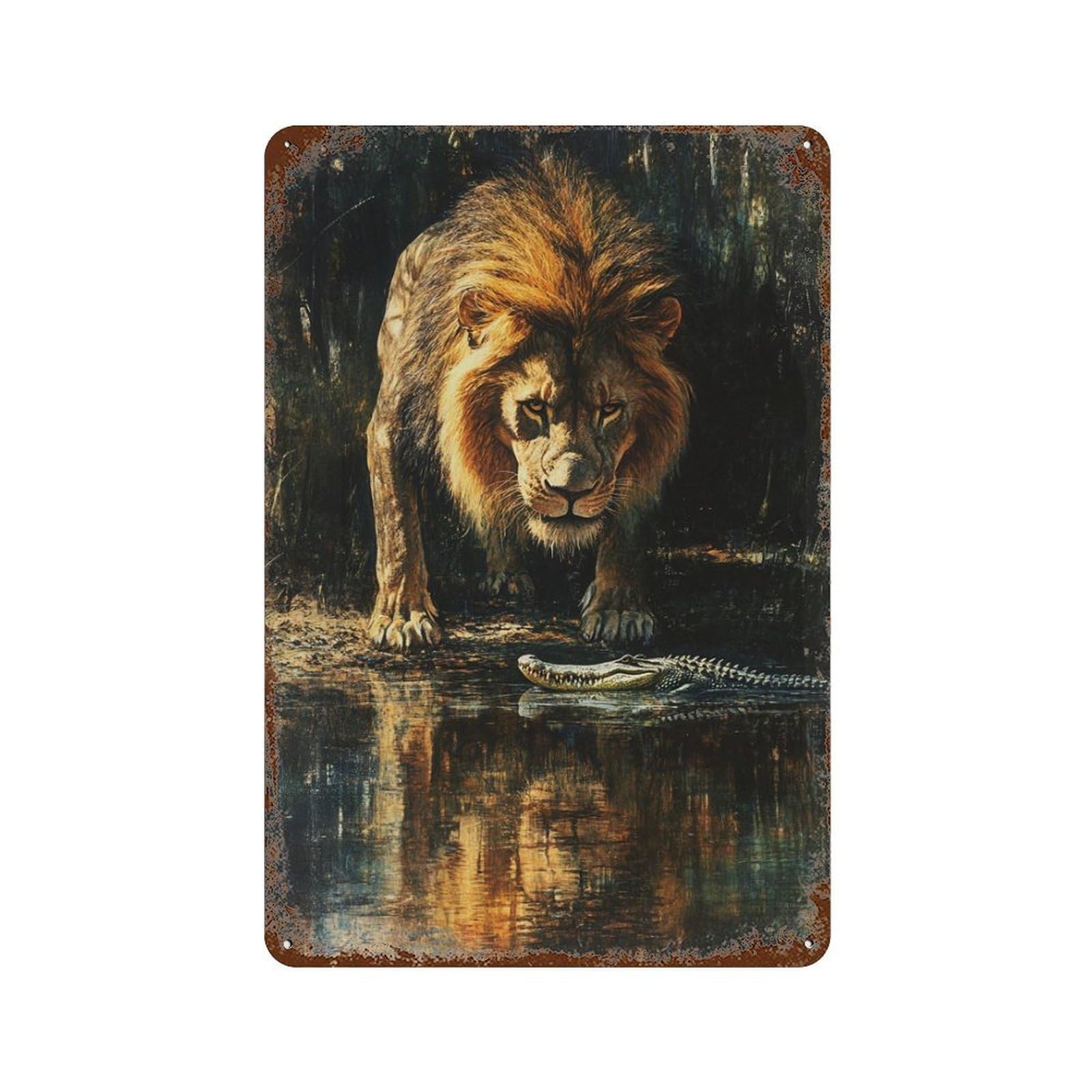 Vintage Rust Metal Sign Lion Vs. Crocodile Jungle Showdown 11.8"x7.9", Retro Wall Decor for Patio, Garden Room And Bar Decor