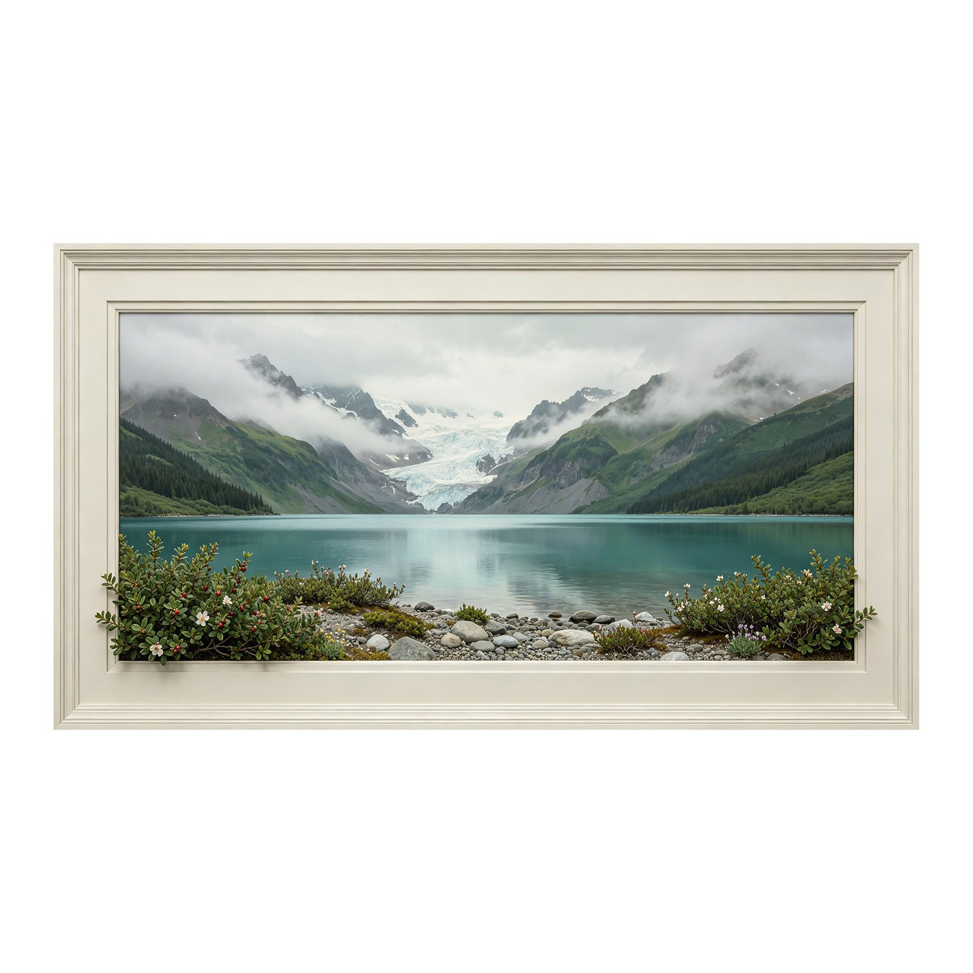 Yzpallescene 3D Framed Wall Art 50cm×100cm Panoramic Mountain Lake Glacier Seascape Trompe L'oeil Large Size SelfAdhesive Removable Wall Decor Prints Artwork for Living Room Bedroom Office