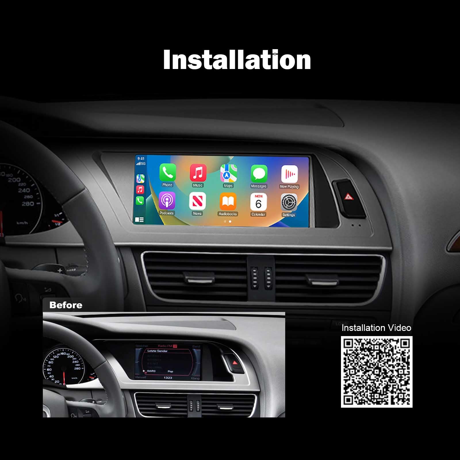 Erisin 8,8 Pulgada 4GB RAM 64GB ROM Android 14 Radio Coche Bluetooth Estéreo para Audi A4 2009-2012, Autoradio 1 DIN Soporte GPS Navegador CarPlay Android Auto WiFi 4G USB Dab+ DVR Pantalla IPS SWC