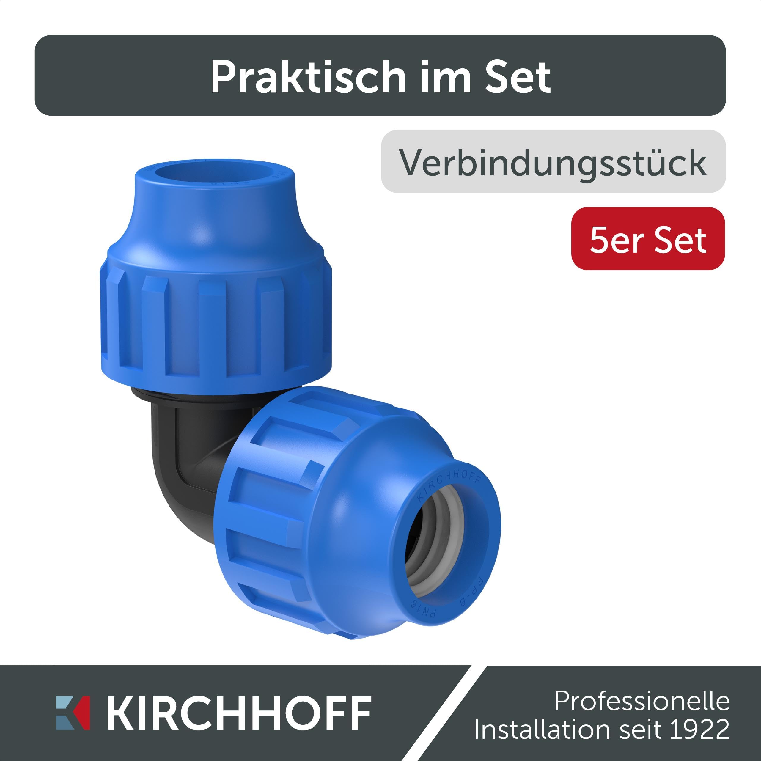 Kirchhoff Fitting Verbindungswinkel 90 Degree Kunststoff 32 x 32 mm für HDPE Rohr 5 Stück im Set Verschiedene Größen DVGW geprüft Trinkwasserqualität Made in EU, Schwarz, 32 mm HDPE Fitting