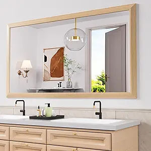 Amorho 72 X32 Inch Bathroom Mirror for Wall, Oak Wood Grain Metal Framed Mirror, Anti-Rust, Hang Horizontally/Vertically, Suitable for Bedroom, Farmhouse, Bathroom, Decorative