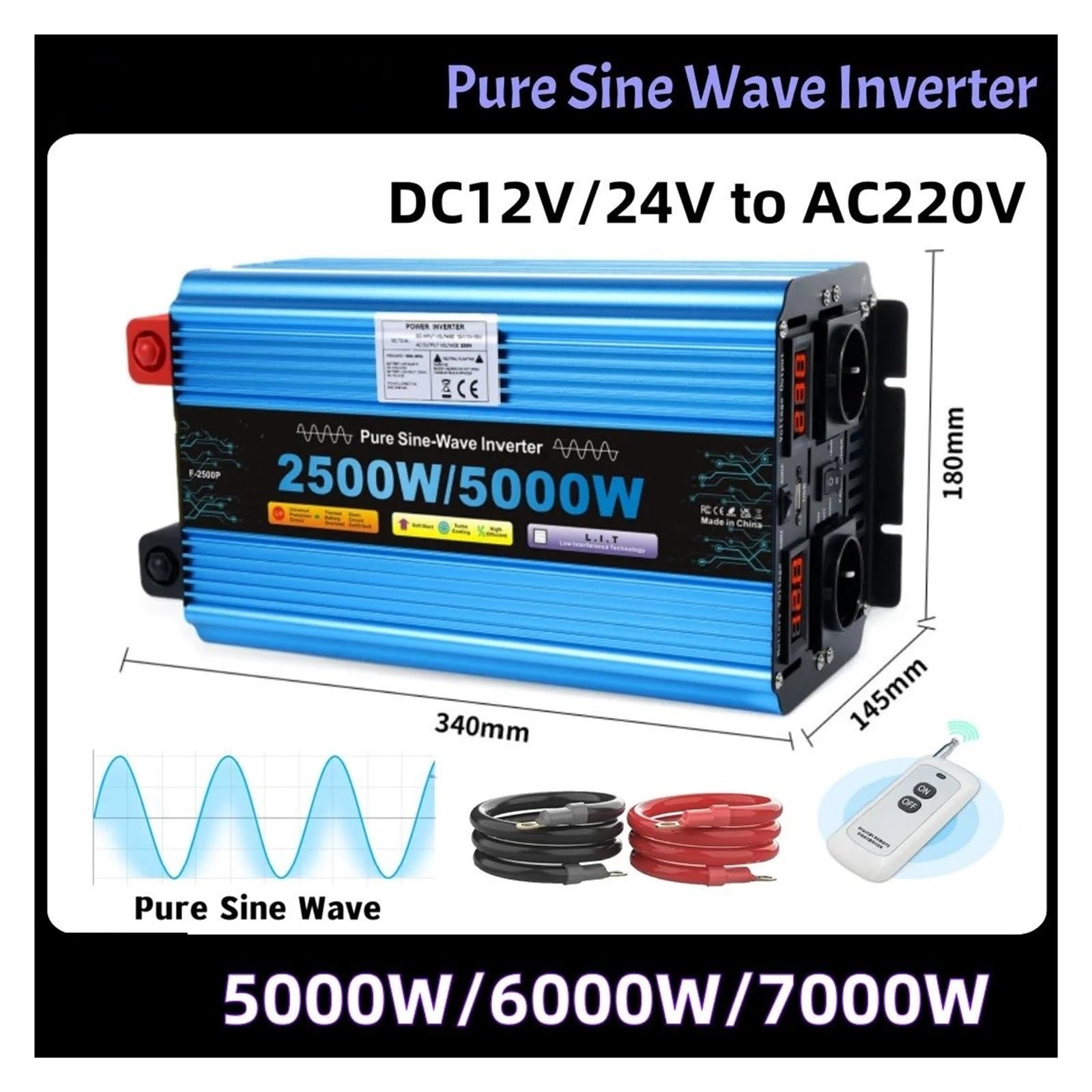 Convertidor Inversor Transformador Inversor Solar De Onda Sinusoidal Pura 5 KW/6 KW/7 KW/8 KW Convertidor Voltaje 12 V/24 V A 220 V Pantalla LED Toma USB Dual(DC12V,5000W EU)