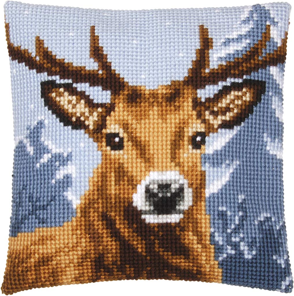 Vervaco Cross Stitch Embroidery Kits Pillow Front for Self-Embroidery with Pattern on 100% Cotton and Thread, 15,75 x Inches - 40 cm, Deer