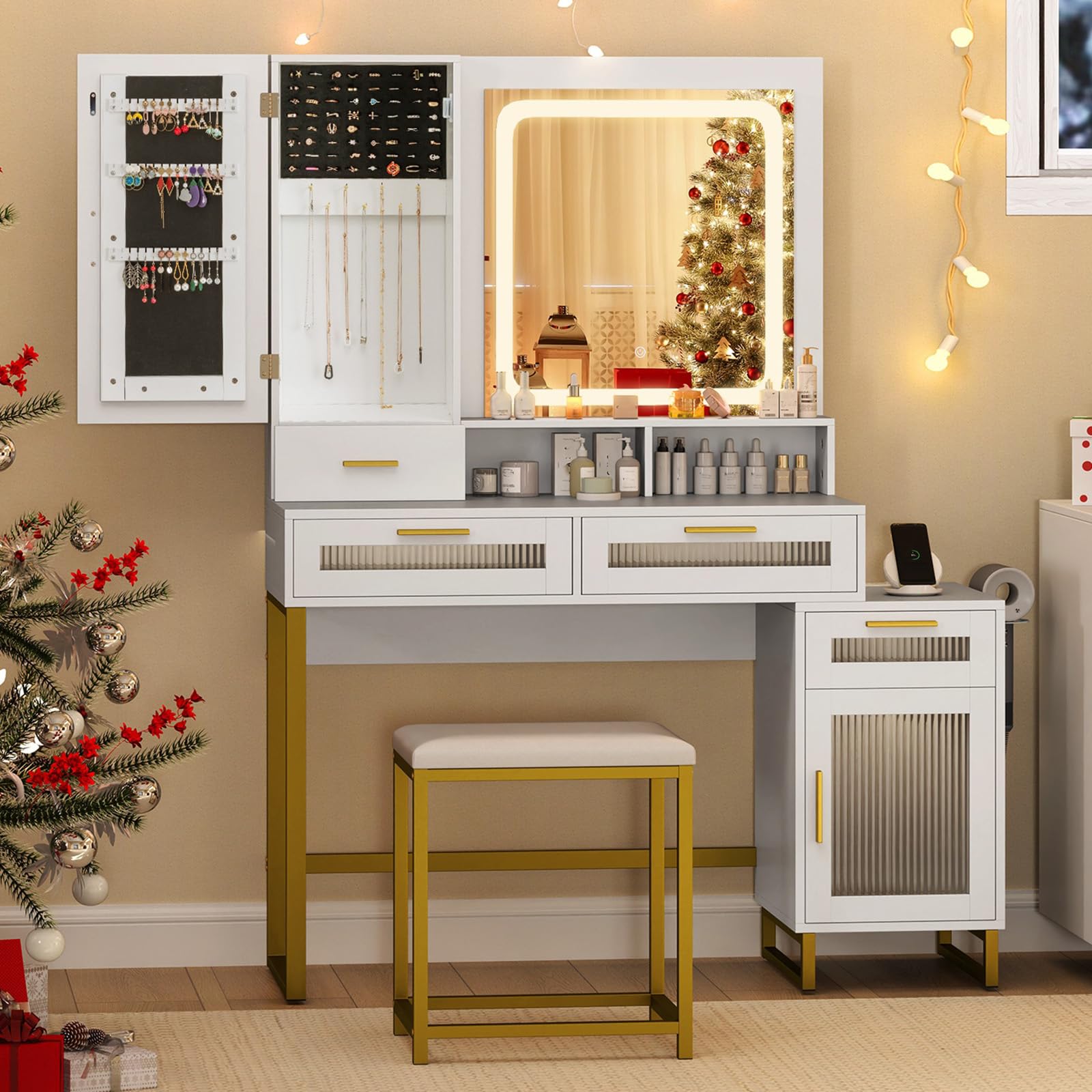 CHARMAID Vanity Desk with Mirror and Lights, White Makeup Vanity Desk with Jewelry Organizer, 4 Drawers, Side Cabinet, Charging Station, 44