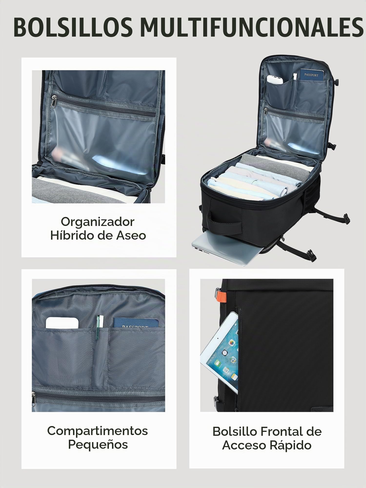 Yankony Mochila 40x30x20 para Ryanair Expande a 40x30x25 | 24L Ampliable a 30L Mochila Viaje Cabina Avion Maleta con Bolsillo Antirrobo para Hombre y Mujer, Negro