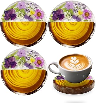 Unique Resin Flower Wood Coasters Set of 4 for Drinks, Decorative Aesthetic Coasters for Desk & Table 4, Purple