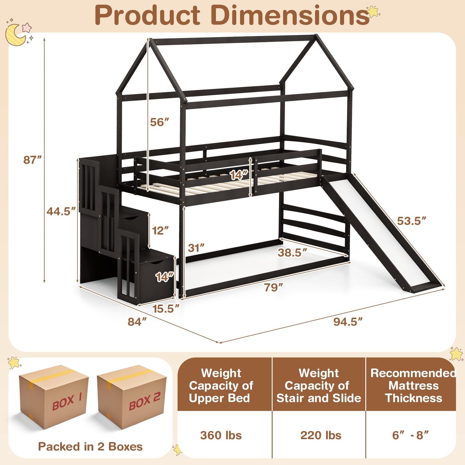 KOTEK Twin Over Twin House Bunk Bed with Slide and Stairs, Solid Wood ...