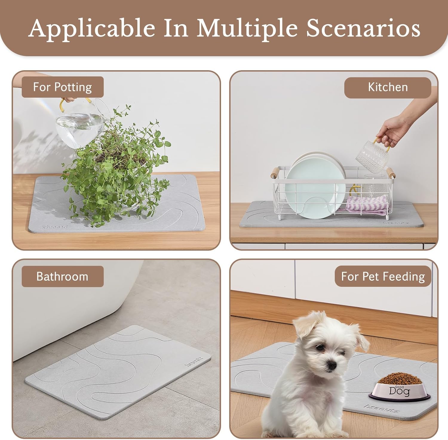 Stone Bath Mat, Natural Diatomaceous Earth Bathroom Rug, Super Absorbent, Quick Dry, Non-Slip Stone Mats for Bathroom, Kitchen, Entryway, Easy to Clean (Curve Light Grey 1 Pack)