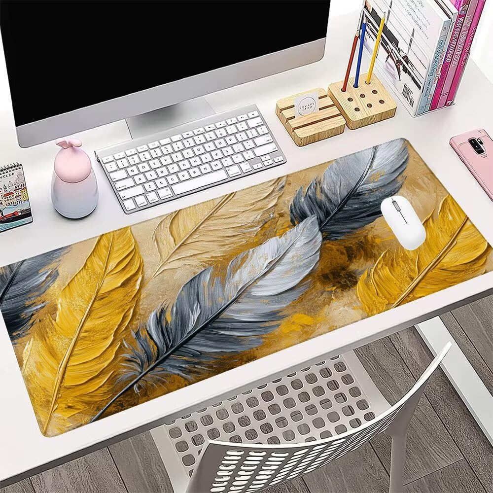 Alfombrilla de Mouse para Juegos, Giallo, XXL, Antideslizante, Impermeable, Diseño de Piuma, Extendido, Grande, 1400x600x3mm, para PC, Laptop, Ufficio, Famiglia d-640