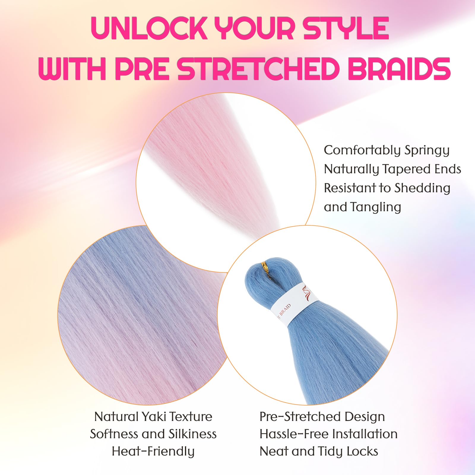 Silk-co Braiding Hair Extension Pre Stretched Professional Easy Braiding Hot Water Setting Yaki Synthetic 26" 90g Blue to Pink - Image 4