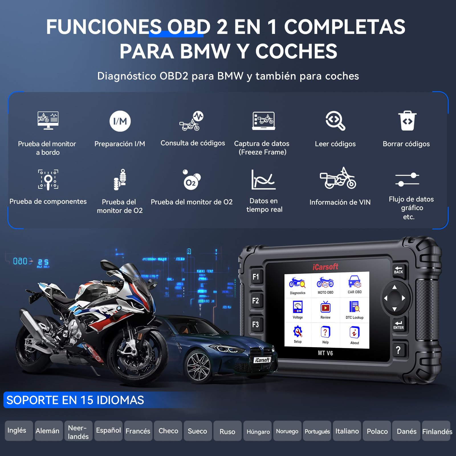 iCarsoft MT V6 para B.M.W Motocicletas, Herramienta Diagnóstico Bidireccional para B.M.W Moto, Lector de Códigos para Moto Completo de Sistemas, OBD2 Escáner con 115 Funciones de Servicio