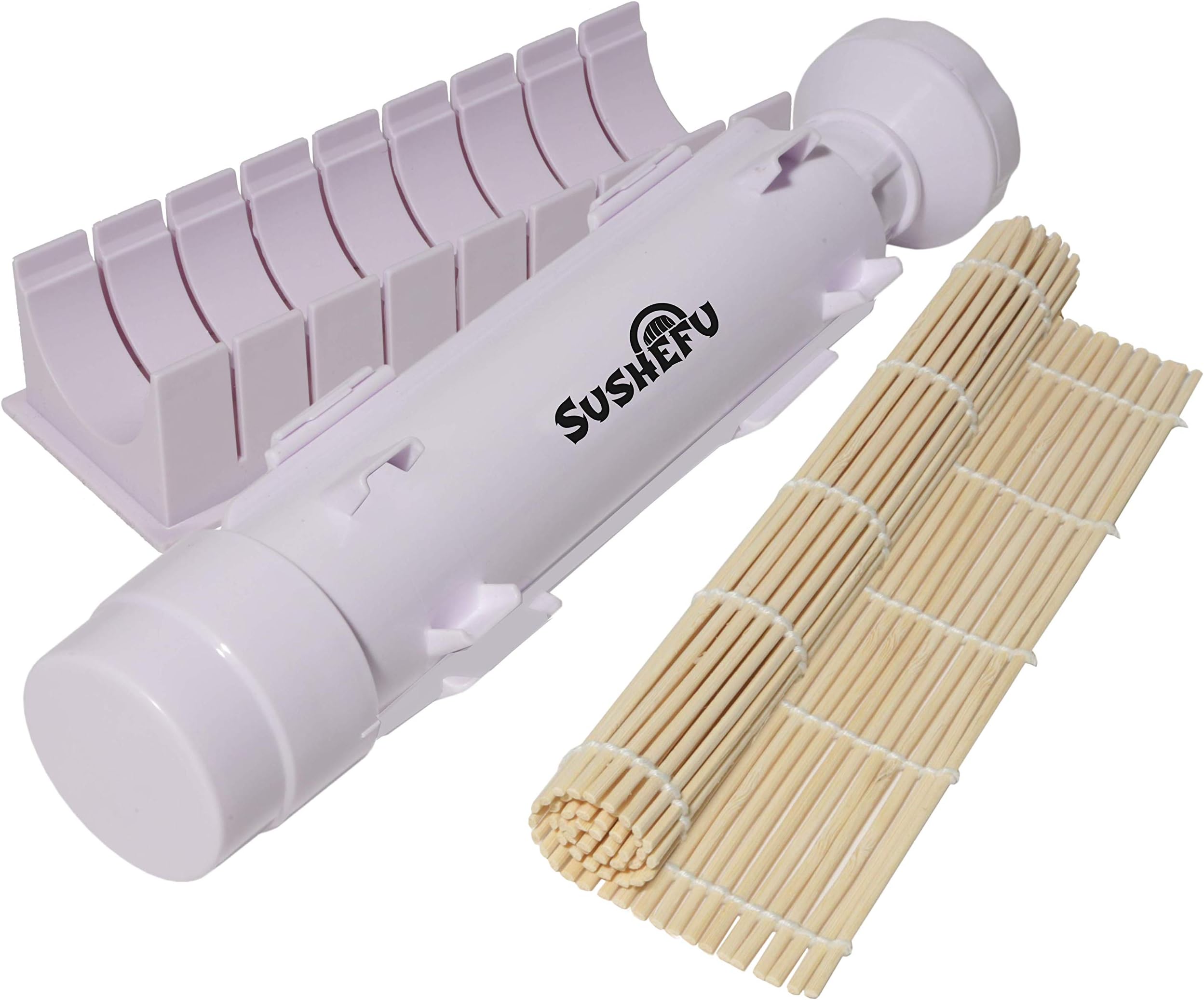 Sushi Bazooka Making Kit - Food Quality All in 1 Sushi Maker with Bamboo Mat Roller and Slicer - Full Instructions and Recipe e-Book Included - White