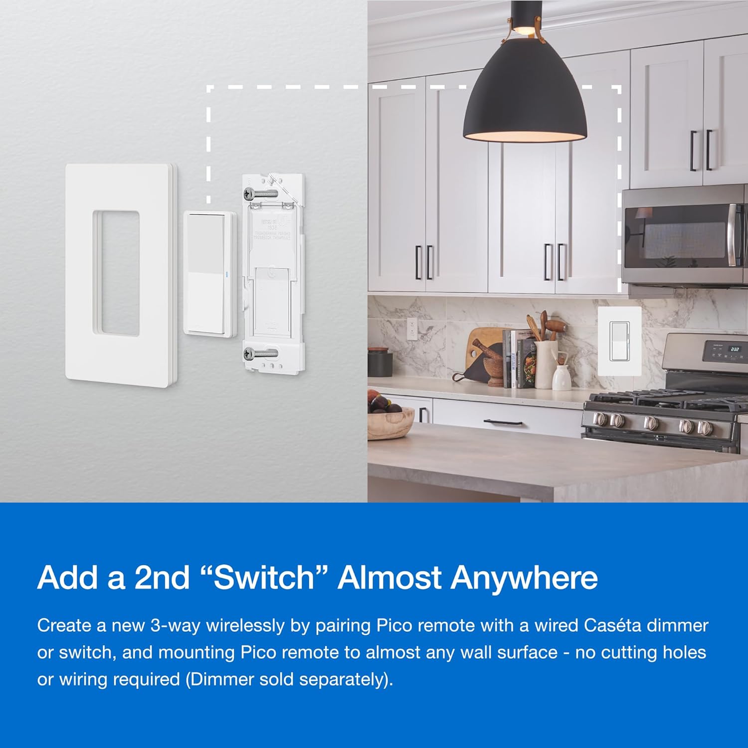 Lutron Pico Paddle Remote Wall-Mount Kit for Caseta Smart Dimmer Switches, for Wireless 3-Way Switch Applications, Includes Remote, Wall Bracket, Wall Plate, and Wire Labels, PJ2W-P2B-WH, White