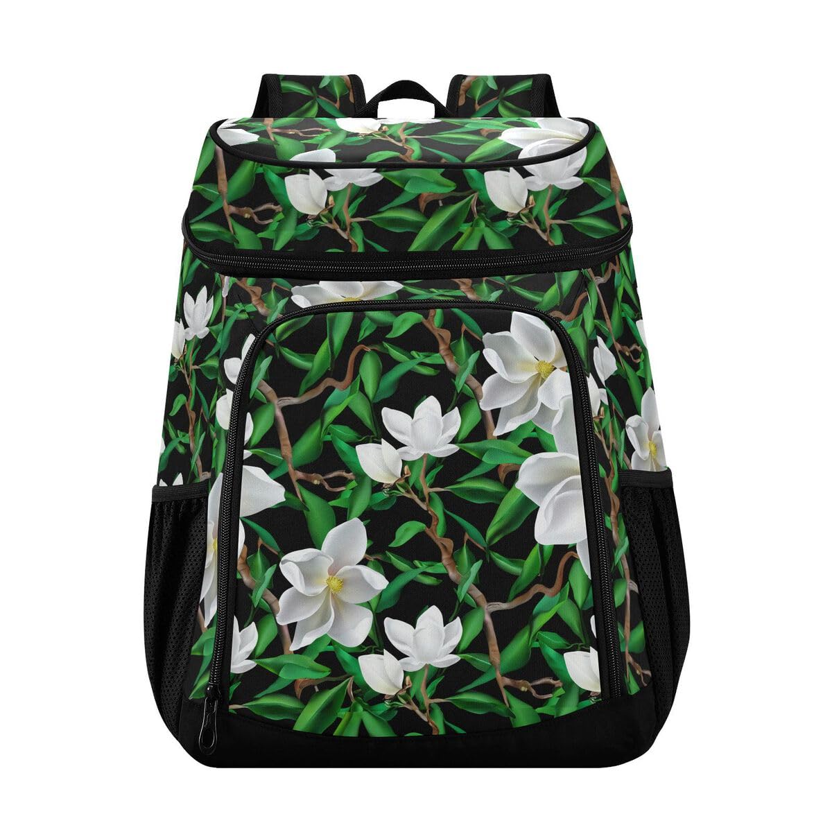 Flower Leaves Black Cooler Backpack Leakproof Insulated Lunch Cooler Bag 30 Cans Camping Backpacks for Road Trip Picnic Beach