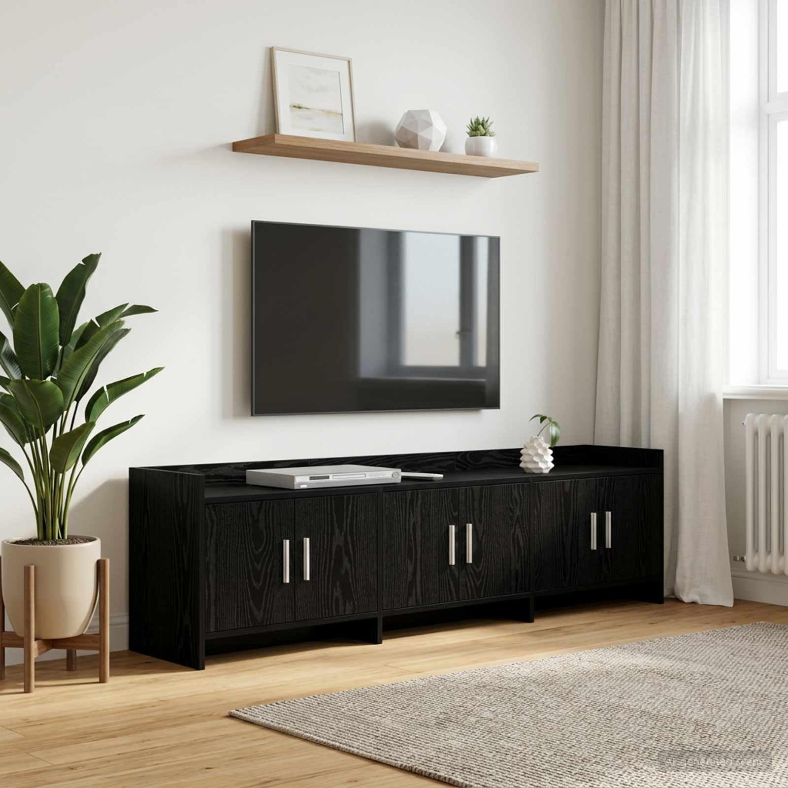 Szafka pod telewizor z materiału drewnopochodnego w kolorze czarnego dębu, 168 x 33 x 47 cm, szafka pod telewizor z 6 drzwiami, miejsce do przechowywania do salonu, gier i kina domowego