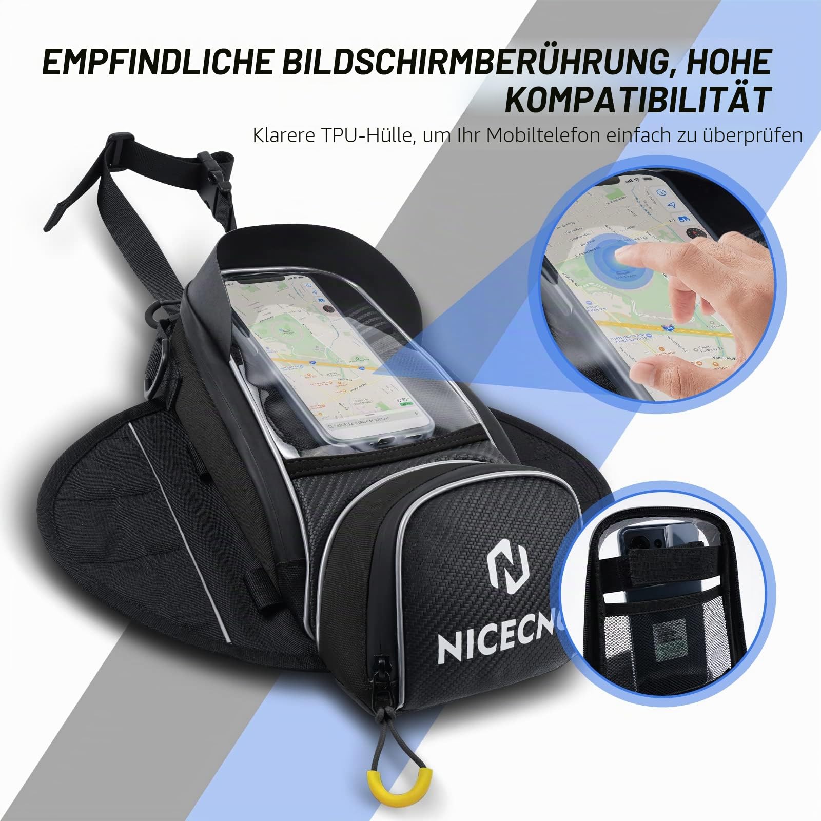 NICECNC Motorrad-Tankrucksack mit Magnetbefestigung, 6 Magneten und 5 verstärkten Riemen, Abnehmbarer Rutschfester Boden, tragbar, Tankrucksack für Dirtbikes, schwarz