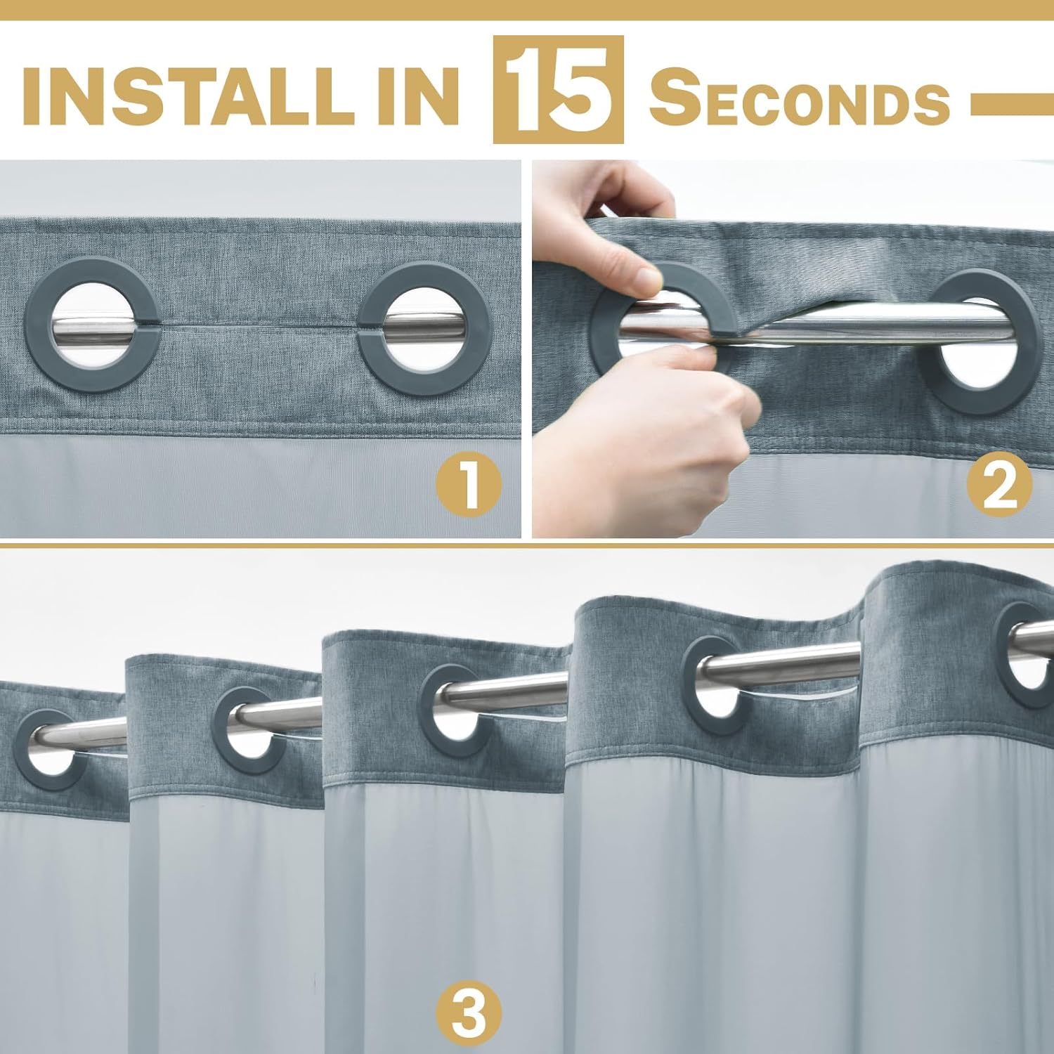 Small No Hook Shower Curtain with Snap in Liner, Polyester Textured Shower Curtain with Liner Set, Waterproof Washable Hotel Style Shower Curtains for Bathroom, 54Wx80H, Blue Grey