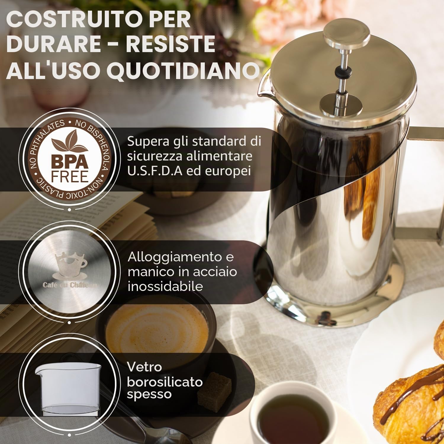 Cafe Du Chateau Caffettiera French Press in Acciaio Inox – Caffettiera Francese da 1 Litro con Filtro a 4 Livelli, in Vetro Resistente, Senza BPA – Ideale anche per Tè e Infusi