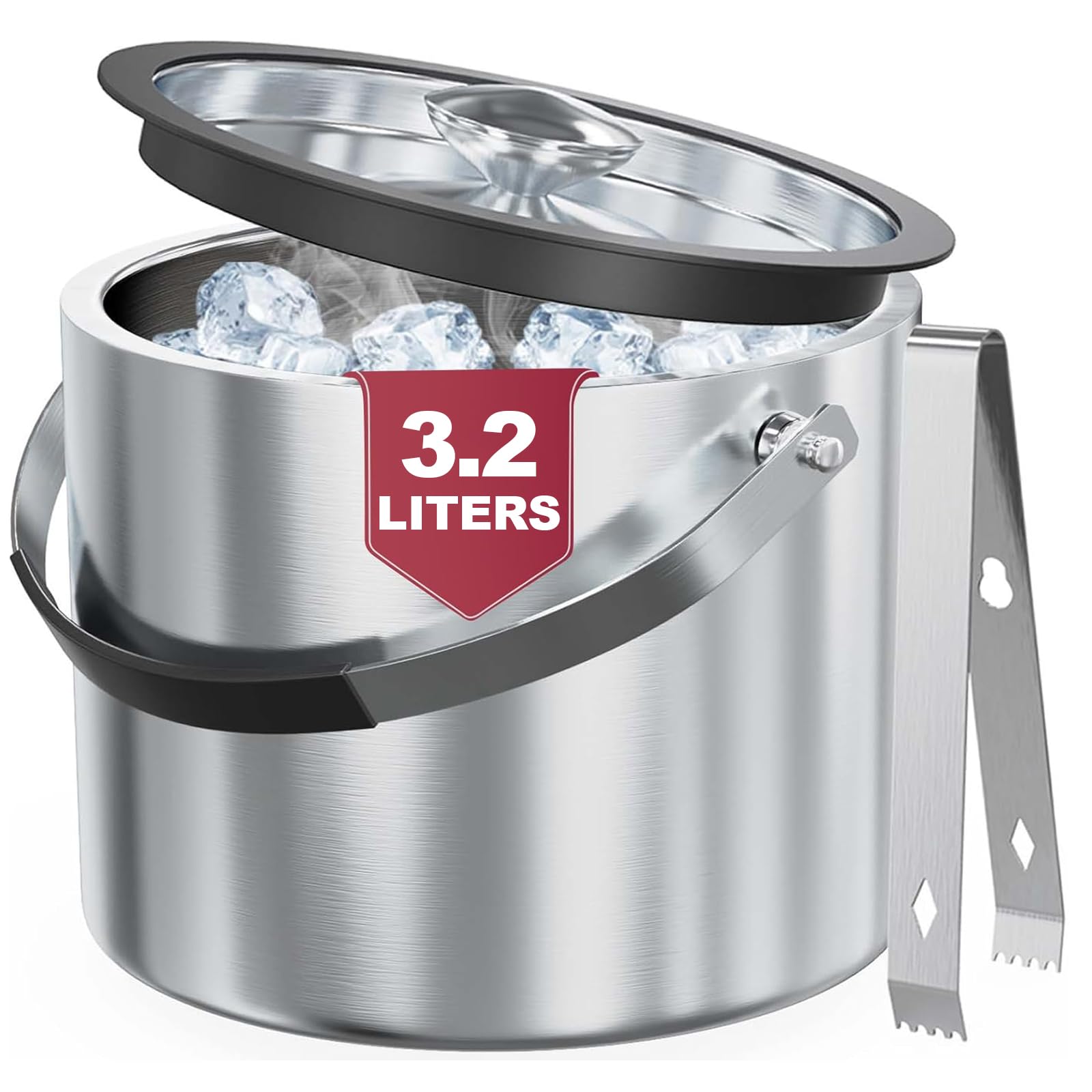 3,2L Edelstahl Eisbehälter mit luftdichtem Deckel, Sieb und Eiszange, Eiswürfelbehälter doppelwandiger, Isolierter Eiseimer Bier Champagner Kühler Eiskübel Wein