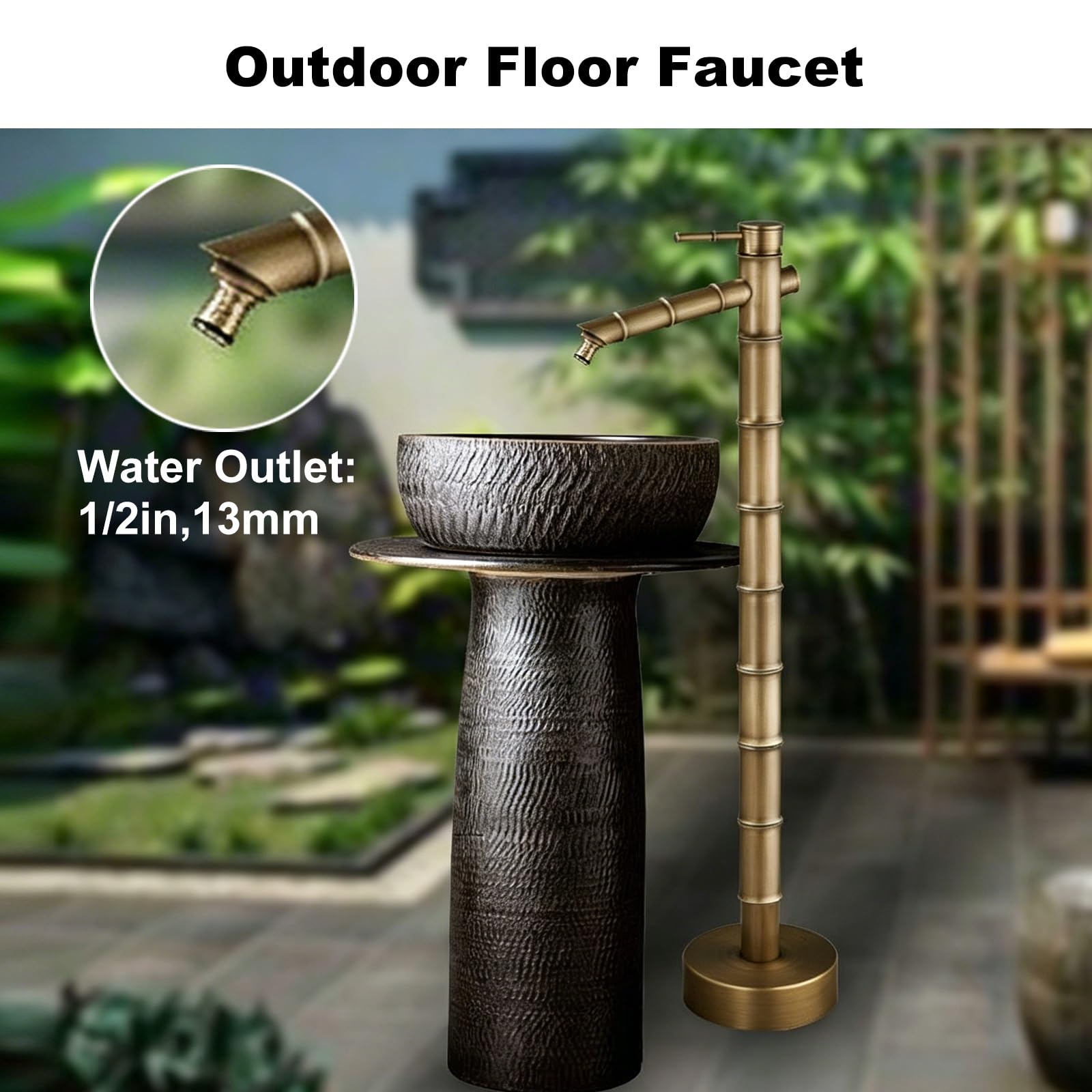 Fuente Jardin Exterior en Cobre, Grifo Jardin de Heladas con Altura Ajustable y Mangueras de Suministro de Agua Fría y Caliente Para Uso en Exteriores