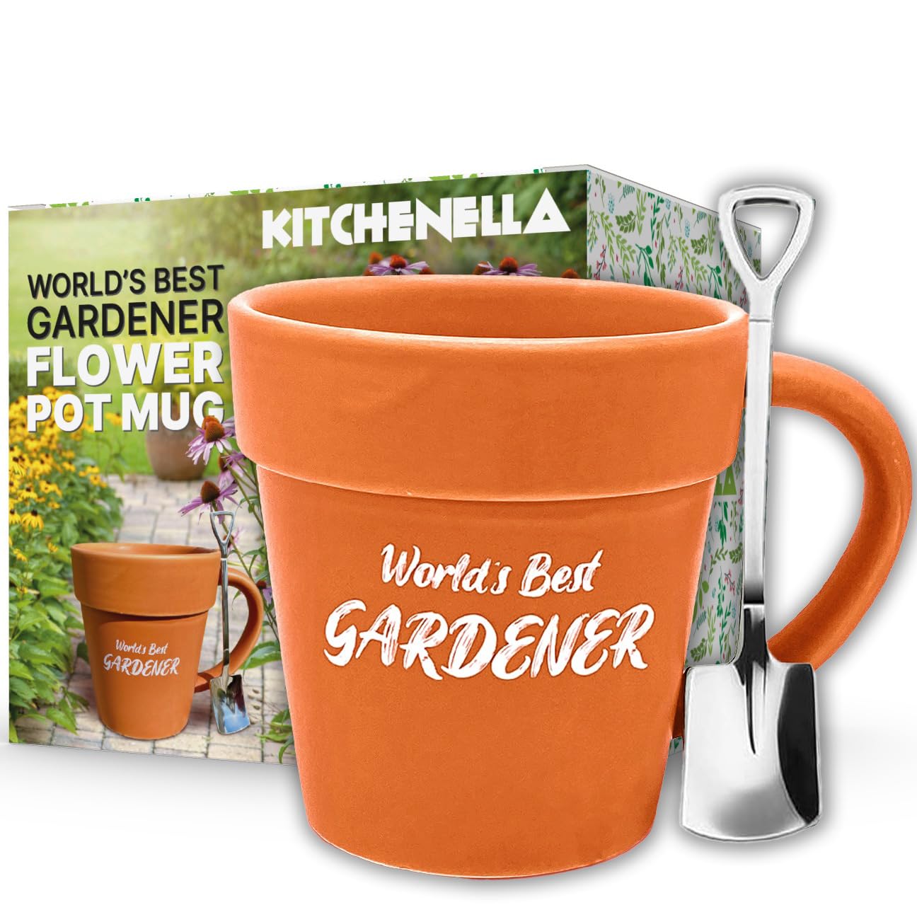 Fathers Day Gift for Him Novelty Flower Pot Cup with Shovel Spoon Set - Worlds Best Gardener Great for Hot Chocolate, Coffee, Tea, Gardening Birthday Present