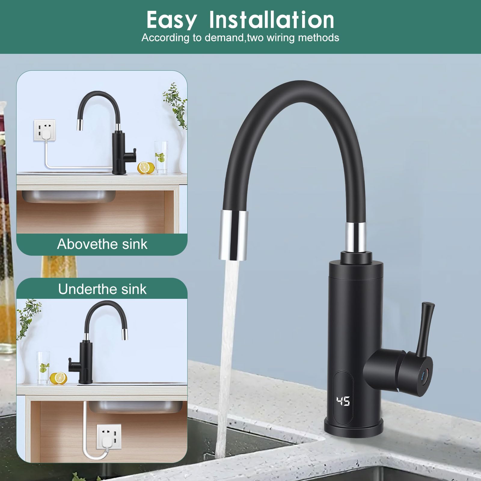 Chauffe-Eau Instantané electrique rotatif à 360°, 230V 3000W electrique Robinet de cuisine avec affichage de la température LCD, Robinet de tuyau en silicone pour Cuisine Jardin Salle de Bain Caravane