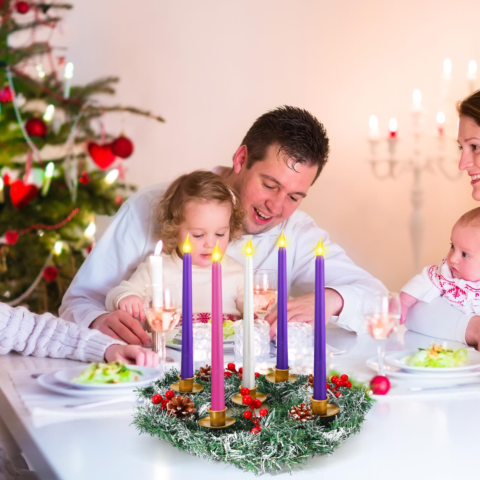 Tioncy Portavelas de corona de Adviento de Navidad de 12 pulgadas con 5 velas sin llama, control remoto, corona, portavelas, decoración de centro de mesa con bayas (pino cedro nevado, 11 x 0.8 x 0.8