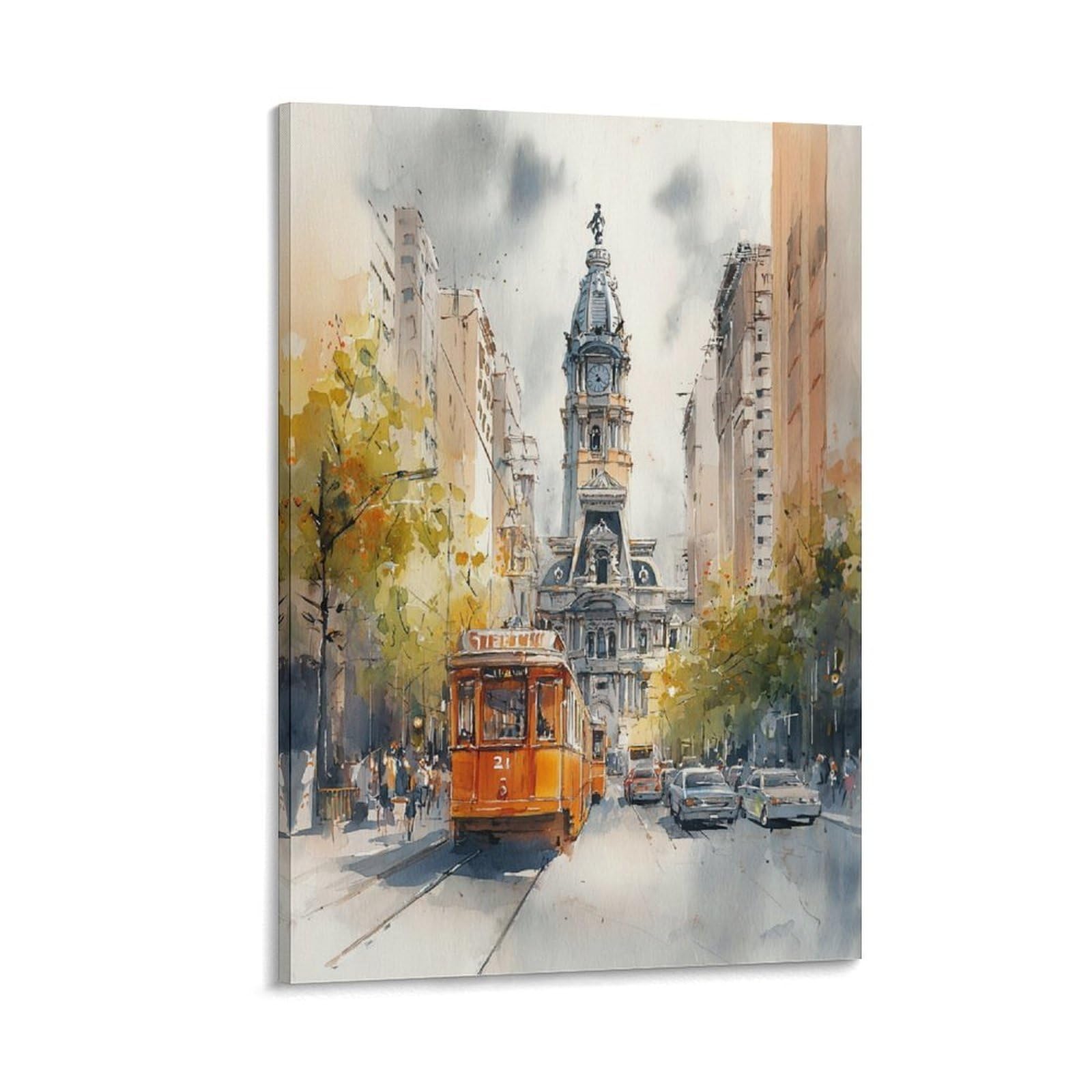LCYNNH Philadelphia Trolley Car 20x30inch(50x75cm) Vintage Travel Poster Watercolor Canvas Art