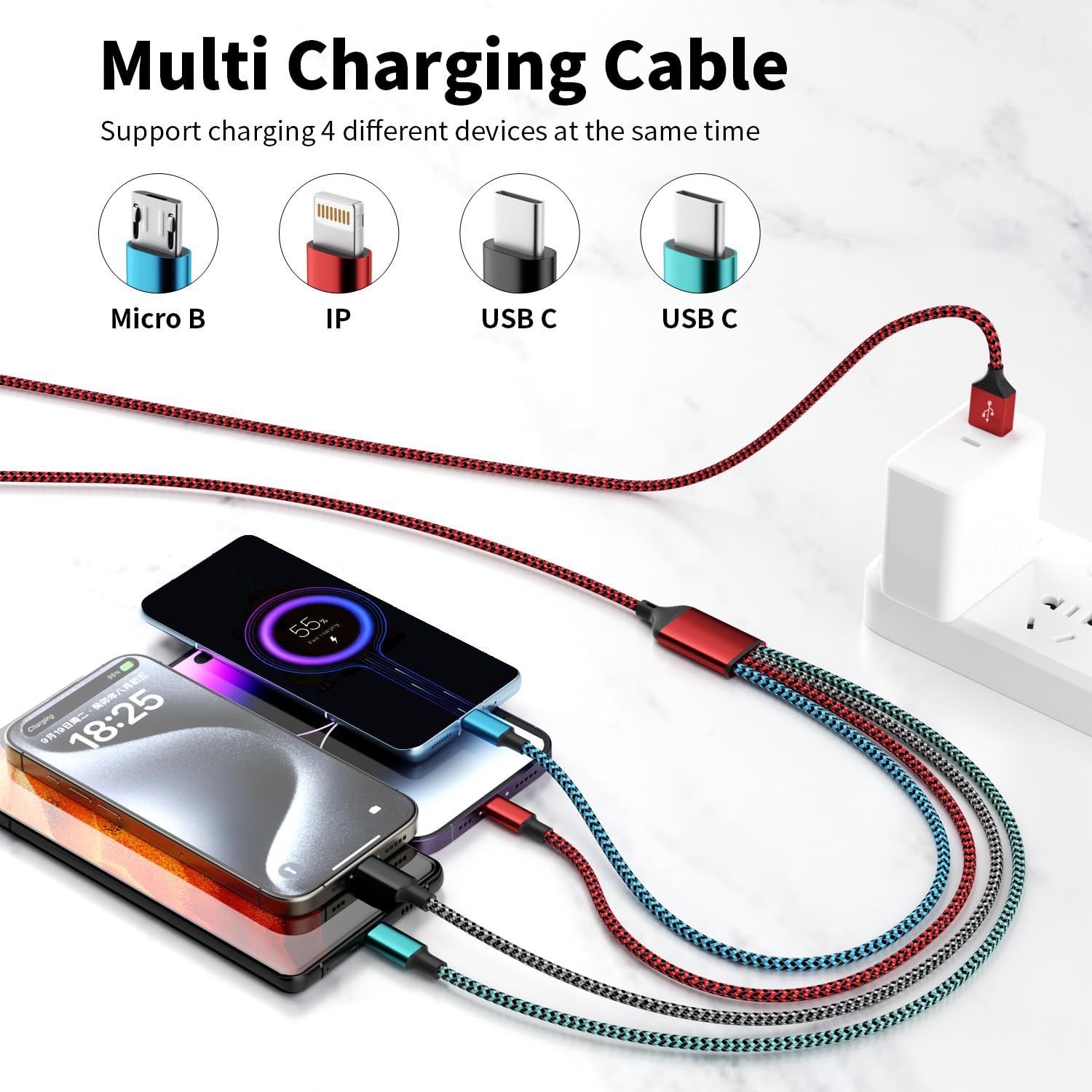 Cavo di ricarica multiplo 4 in 1, cavo di ricarica in nylon intrecciato, cavo multi caricatore con IP/tipo C/porta micro USB per iPhone16/15/telefoni cellulari/pad e altro (2 pezzi, 1,5 m)