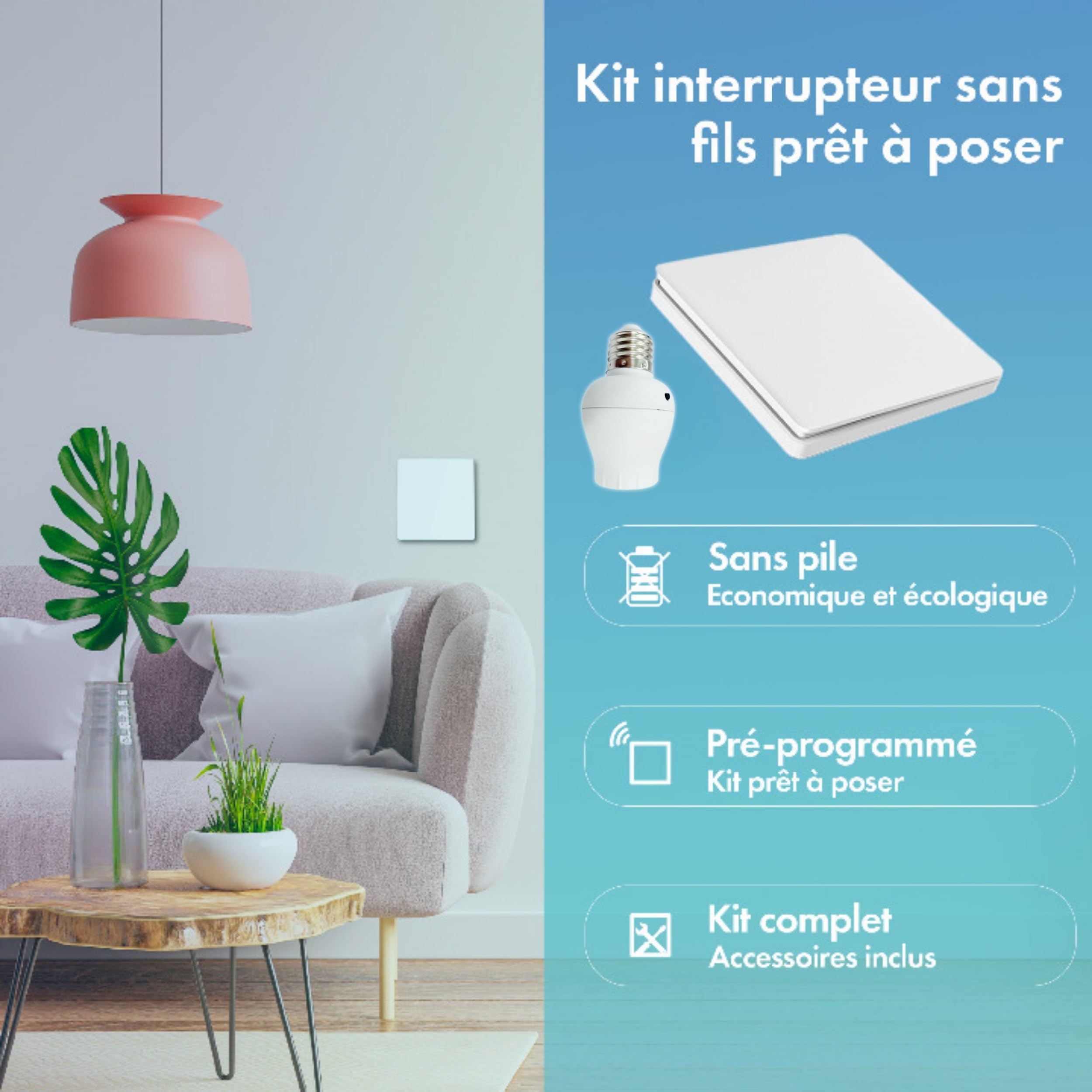 Interrupteur sans fil et sans pile Auto alimenté - Écologique - Qualité Pro - Va et vient RF 6 télécommande + 1 Douille radio à visser E27 - Longue Distance - Intérieur Extérieur IP64