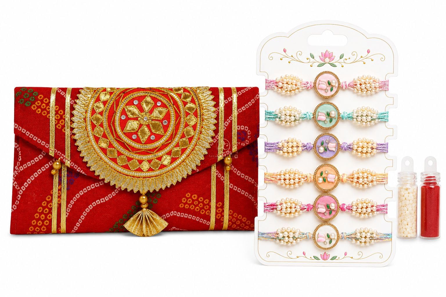 Arrakasta Crafts Designer Rakhi Combo with Rajasthani Bandhani Money Cash Shagun Bandhej Envelope Clutch Purse for Women, Gift for Sister Bhabhi (6 Resin Floral Pearl Rakhi with 1 Bandhani Envelope)-image-46