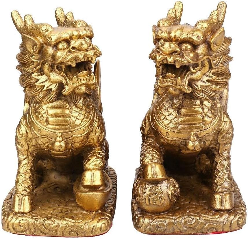 KOSHSH Garden Sculptures, Wealth Figurine/Feng Shui Decor Chinese Fengshui Brass Chi Lin/Qi Lin Statue/Wealth Chi Lin Figurine Home Decor Home Decoration Crafts&Gifts Business Gift