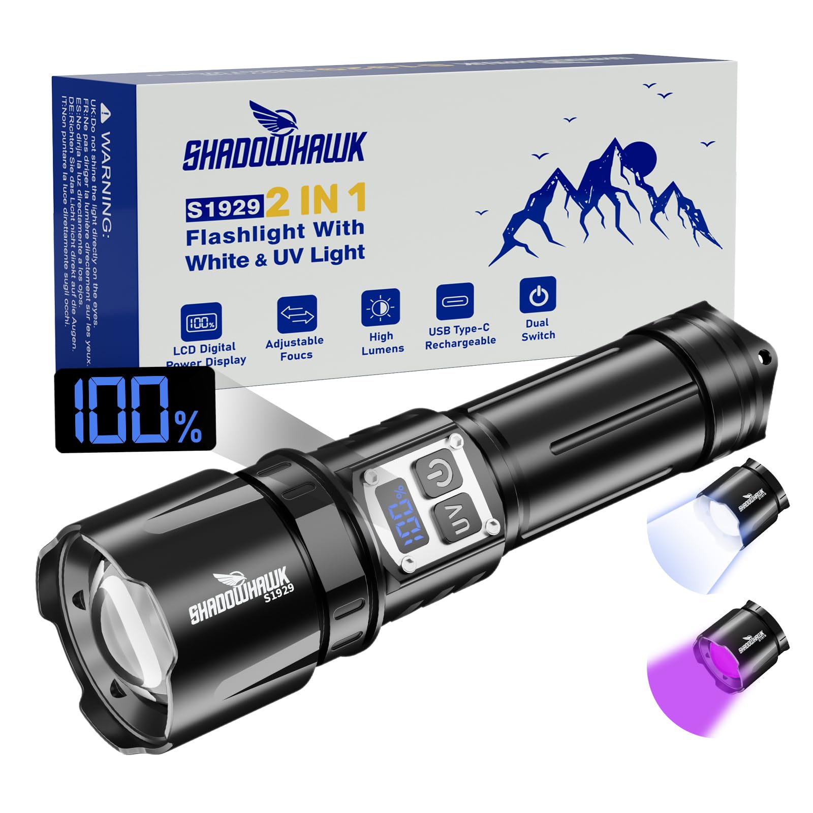 Shadowhawk Torcia LED Potente Professional 2-in-1 UV Doppio Interruttore | 1,000,000 Lumen (Bianca) Ultraluminosa con Luce UV per Campeggio/Trekking/Ispezione, Dimmerazione senza Gradi, Uso Comodo