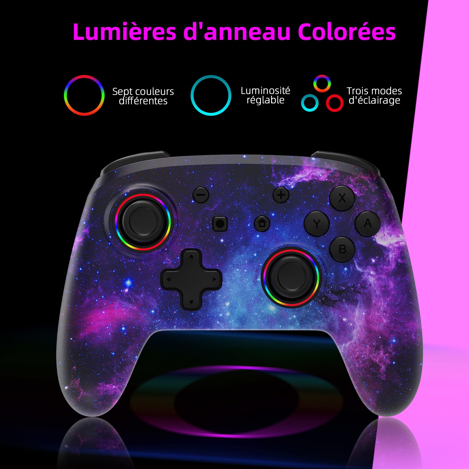 NexiGo Manette sans fil pour Nintendo Switch/Switch Lite/OLED avec Bluetooth et vibration, mouvement, turbo et lumière LED Motif nébuleuse cosmique