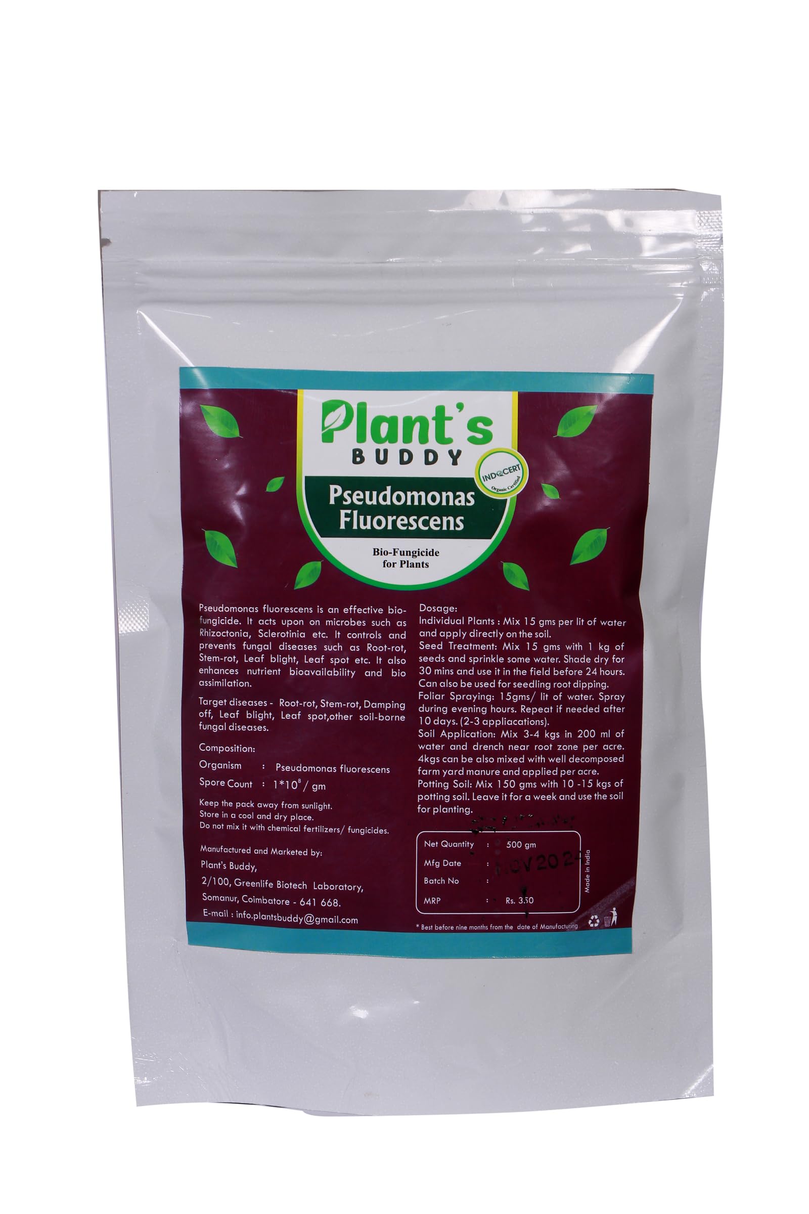 PLANT'S BUDDY - Pseudomonas Fluorescens Powder (1 * 10^8 CFU/gm) - 500 gms - Bio-Fungicide for All Indoor and Outdoor Plants - Effective against Root-rot, Stem-rot, Leaf Spot, Powdery Mildew