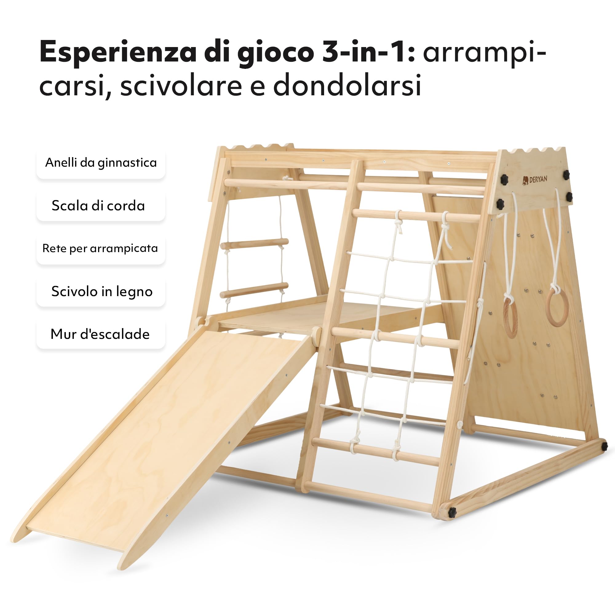 Deryan Lussuosa struttura per arrampicata in legno: dispositivo da gioco pieghevole per interni con scivolo in legno, parete da arrampicata, anelli da ginnastica, scala e rete da arrampicata.