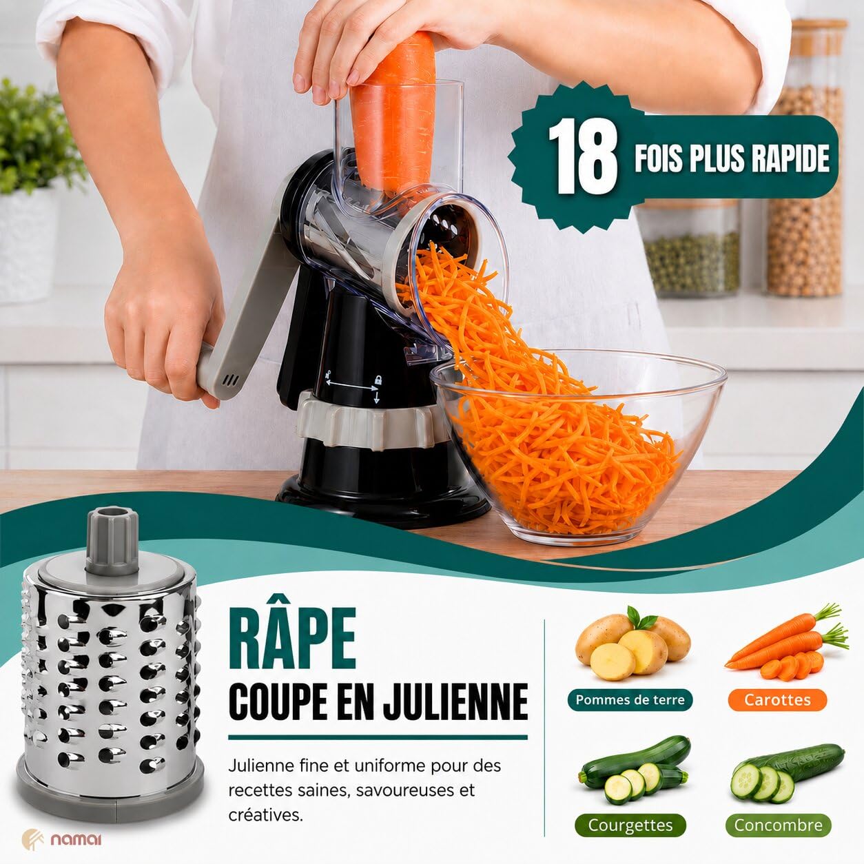 NAMAI - Rapeuse Legume Avec 3 Tambours en Acier Et 1 Piston