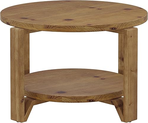 Miniatura 9 de Tribesigns Mesa de centro de madera maciza de 30 pulgadas, mesa de centro redonda pequeña con almacenamiento de 2 niveles para sala de estar, acento