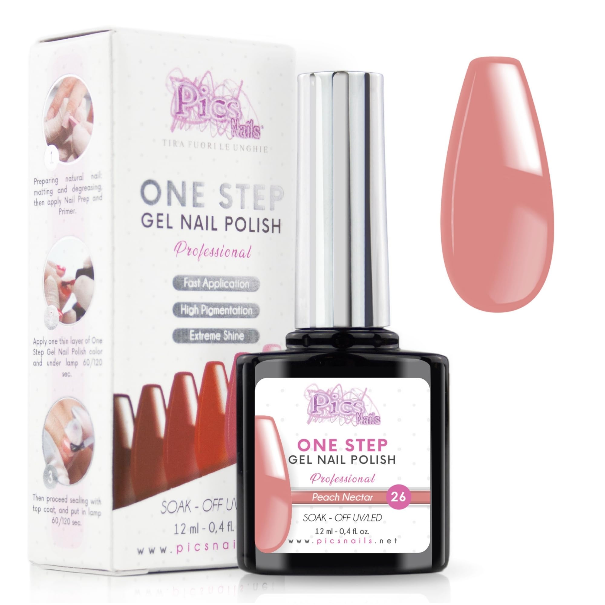 Lakier do paznokci One Step Gel Polish UV/LED 12 ml - Lakier żelowy - Natychmiastowy połysk paznokci z lub bez bazy i top coat (26. Nektar Brzoskwiniowy, 12 ml)