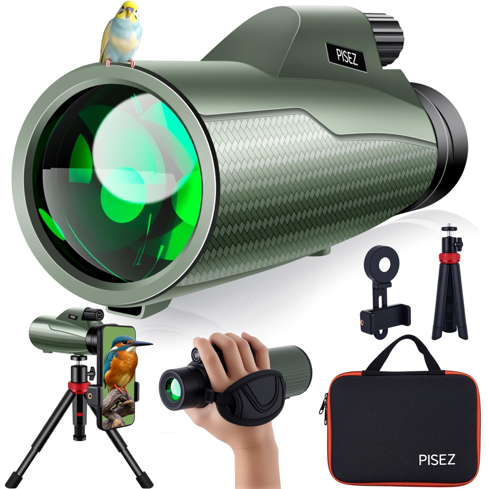 PISEZ Monocular Telescope 12x56,Monoculars for Adults high Powered with Smartphone Holder & Tripod BAK4 Prism & FMC Lens with Hand Strap Monoculars for Hunting Bird Watching Hiking Wildlife Travel