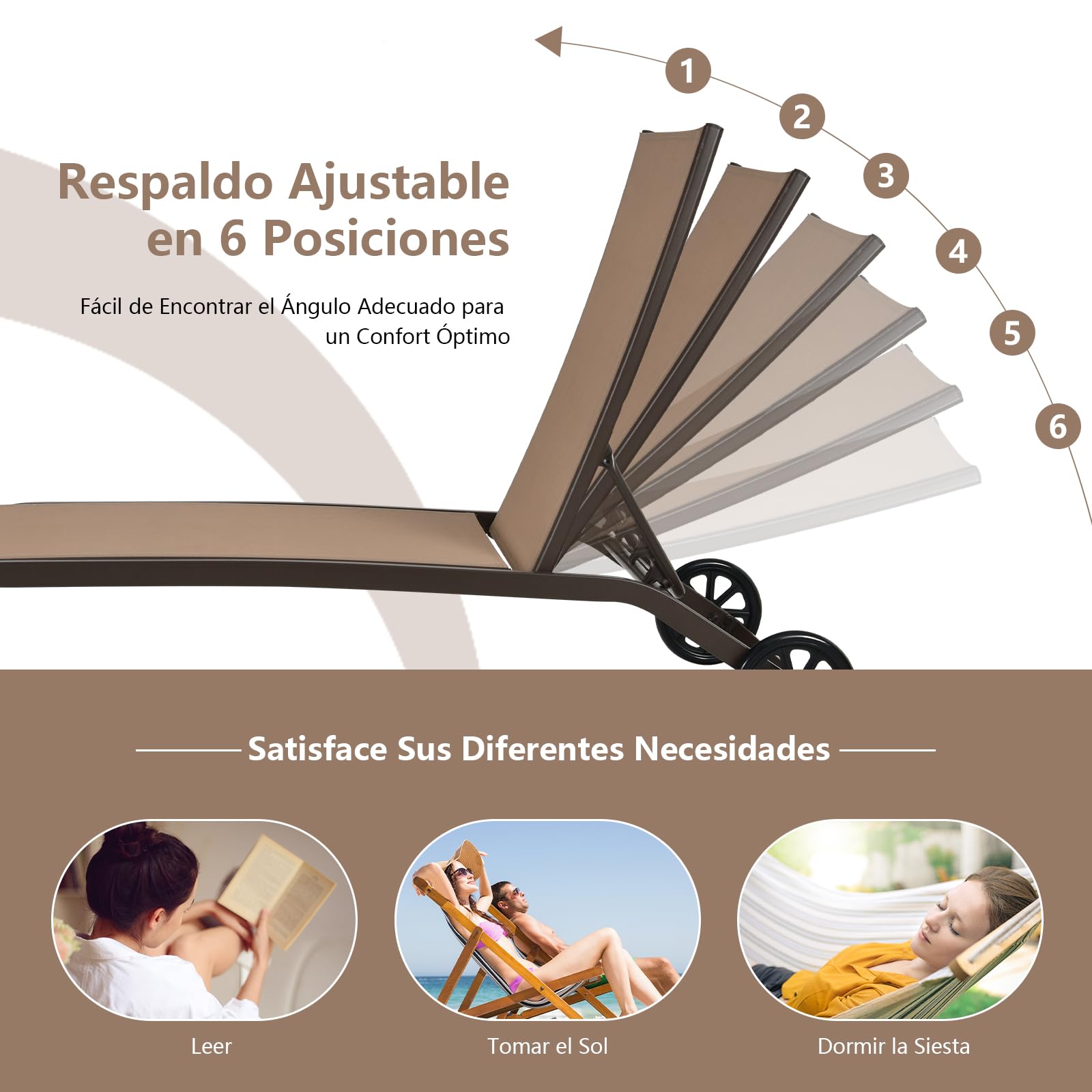 COSTWAY Tumbona de Jardín con Respaldo Reclinable, 6 Posiciones, Tumbona con Ruedas, Tela de Texileno, 164,5 x 61 x 34cm, Terraza, Balcón, Playa, Piscina (café)