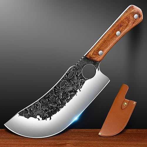 Cuchillo de carnicero forjado a mano, acero de alto carbono, espiga completa con funda de cuero, cuchillo al aire libre para cocina y campamento